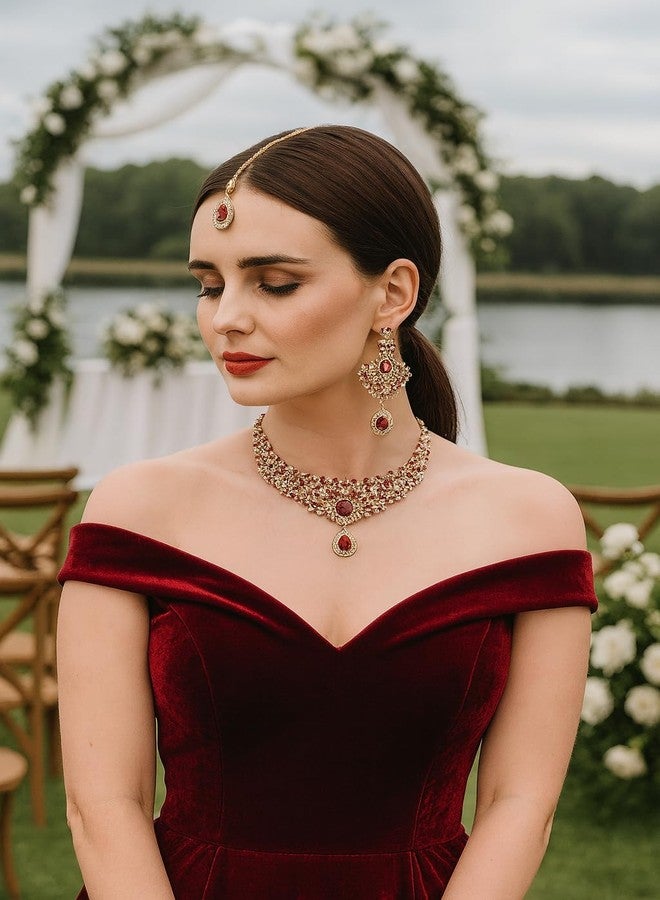 Touchstone Indian jewelry sets for women bollywood necklace hollywood maroon white classic wedding wear mangtika necklace set in antique gold tone - Image 2