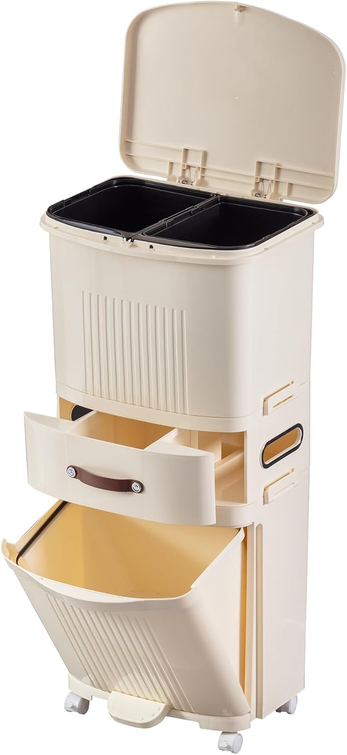 MAPPLE CREATION Bathroom Trash Can with Press Top Lid Dual Compartment Recycling Kitchen Step Trash Can Kitchen Trolley Dry and Wet Separation Trash Canfor BedroomBathroomOffice - Image 1
