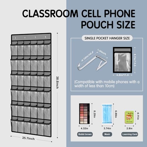 Kotkn 36 Pocket Charts for Classroom Cell Phones, 36 Clear Pocket Charts with Numbered Stickers, Classroom Hanging Cell Phone Organizer, Hangs on Wall, Door Storage Hooks (Gray) - Image 2
