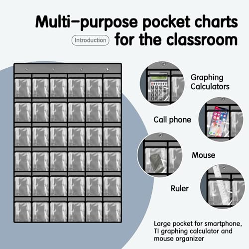 Kotkn 36 Pocket Charts for Classroom Cell Phones, 36 Clear Pocket Charts with Numbered Stickers, Classroom Hanging Cell Phone Organizer, Hangs on Wall, Door Storage Hooks (Gray) - Image 4
