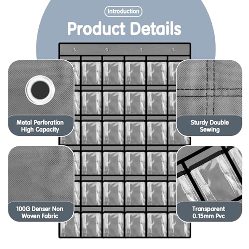 Kotkn 36 Pocket Charts for Classroom Cell Phones, 36 Clear Pocket Charts with Numbered Stickers, Classroom Hanging Cell Phone Organizer, Hangs on Wall, Door Storage Hooks (Gray) - Image 3