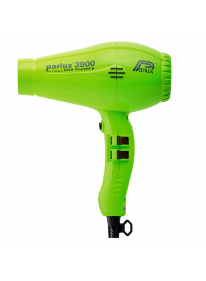 Parlux 3800 Hair Dryer Eco Friendly Ionic and Ceramic [European Plug 220V] Green 1unit - Image 1