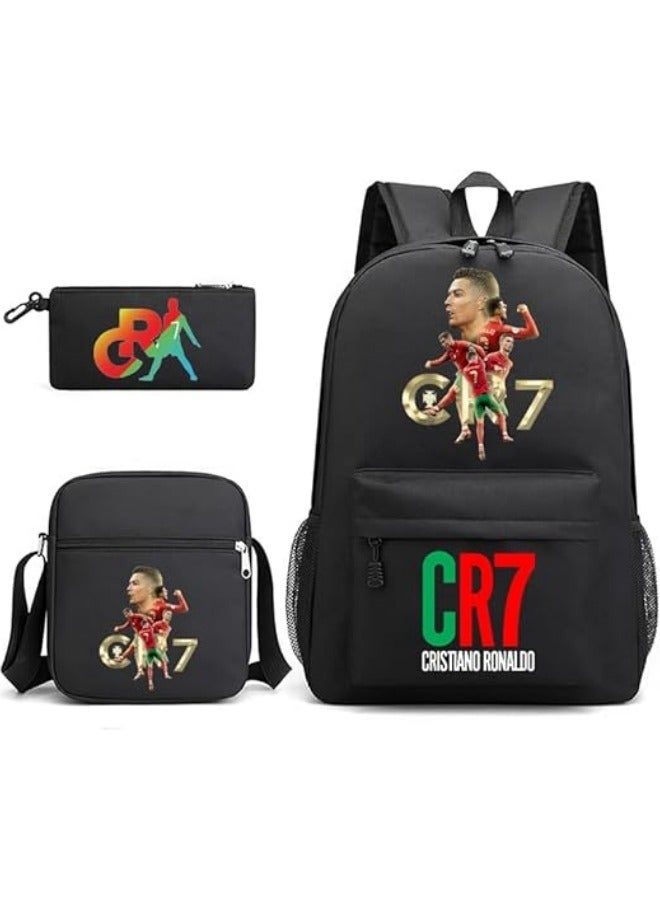 3PCS Backpack Set,CR7 Football Backpack,Large Capacity Casual Backpack with Lunch Bag and Pencil case for Boys Girls