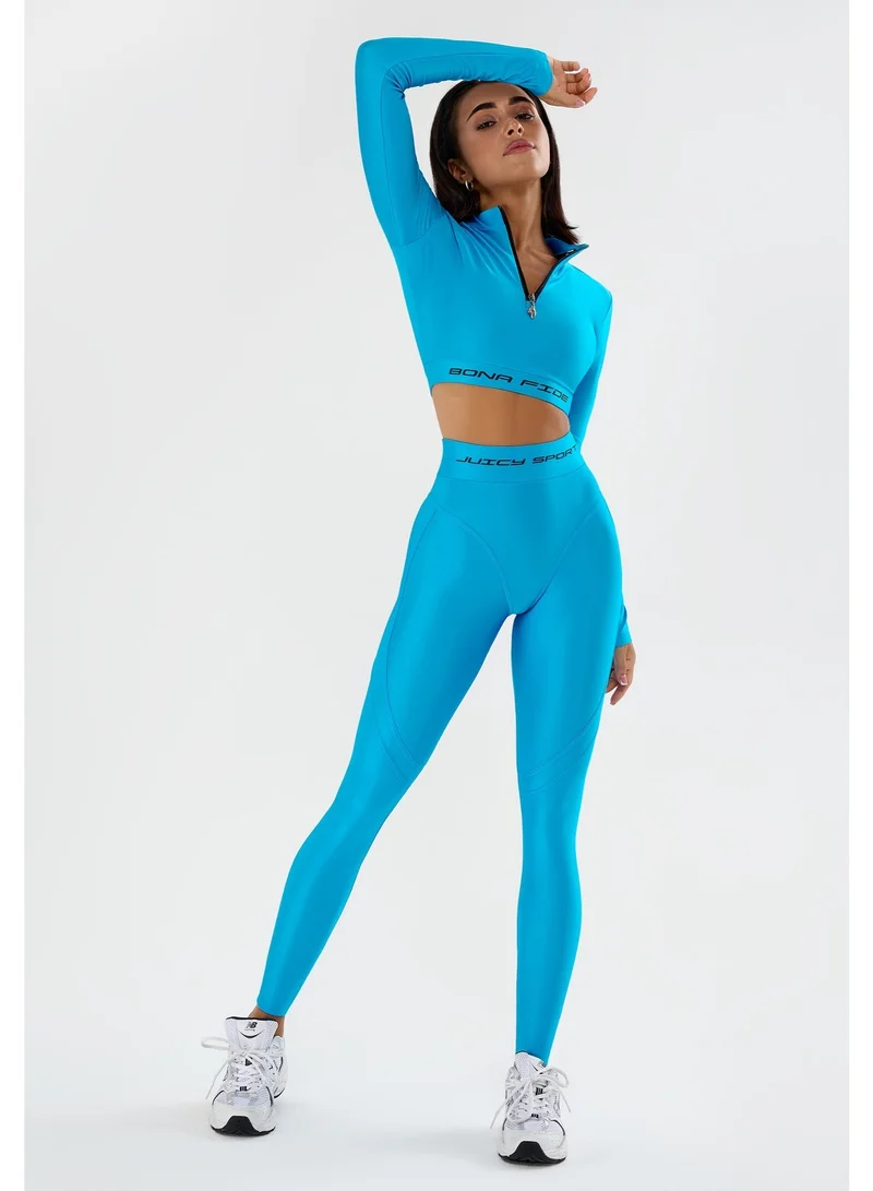 Bona Fide Bona Fide Premium Long Sleeve Quarter-Zip Workout Crop Top for Women - Athletic Compression Rashguard for Gym, Yoga & Running - Breathable High-Performance Sportswear - Electric Azure Blue