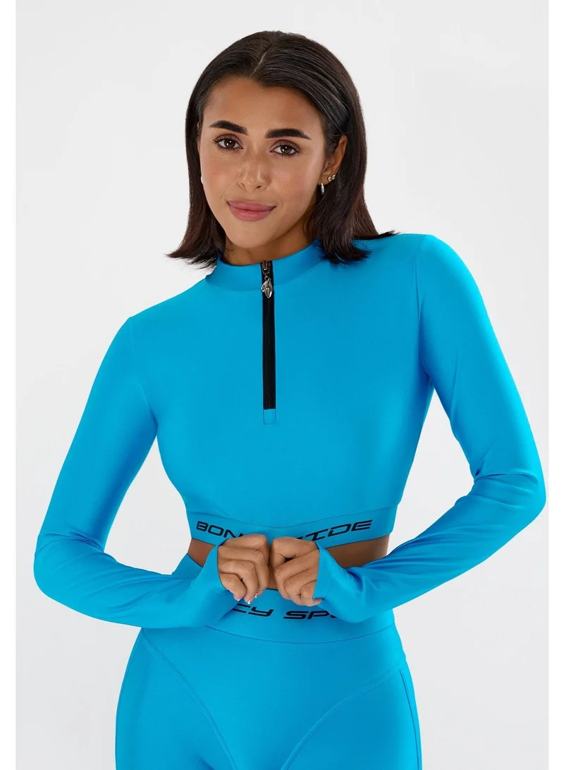 Bona Fide Bona Fide Premium Long Sleeve Quarter-Zip Workout Crop Top for Women - Athletic Compression Rashguard for Gym, Yoga & Running - Breathable High-Performance Sportswear - Electric Azure Blue