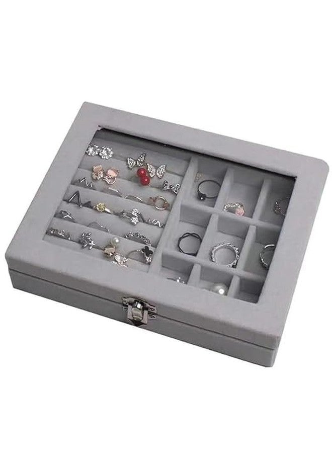 AESTROKE Jewellery Box Jewellery Organiser Box Velvet Clear Lid Jewelry Organizer, Ring Earring Bracelets Jewelry Storage Case, Portable Jewelry Box for Girls Women Grey - Image 5