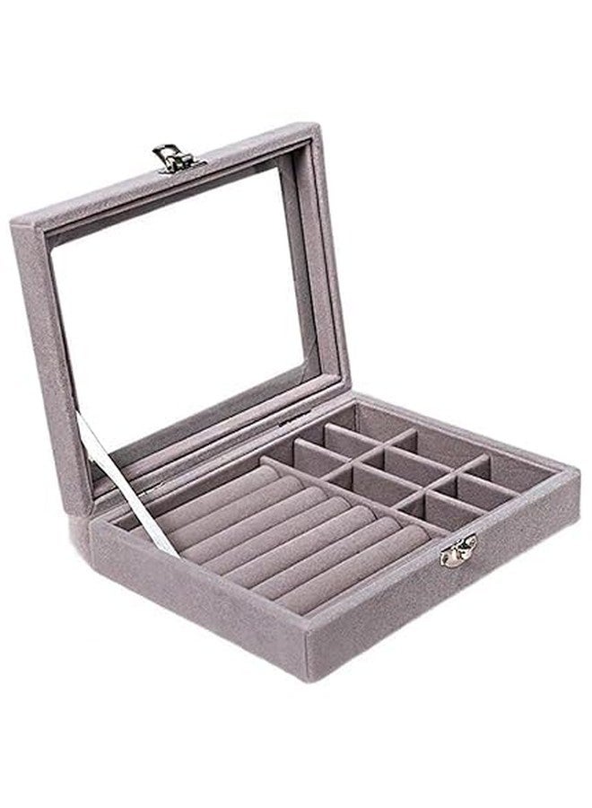AESTROKE Jewellery Box Jewellery Organiser Box Velvet Clear Lid Jewelry Organizer, Ring Earring Bracelets Jewelry Storage Case, Portable Jewelry Box for Girls Women Grey - Image 1