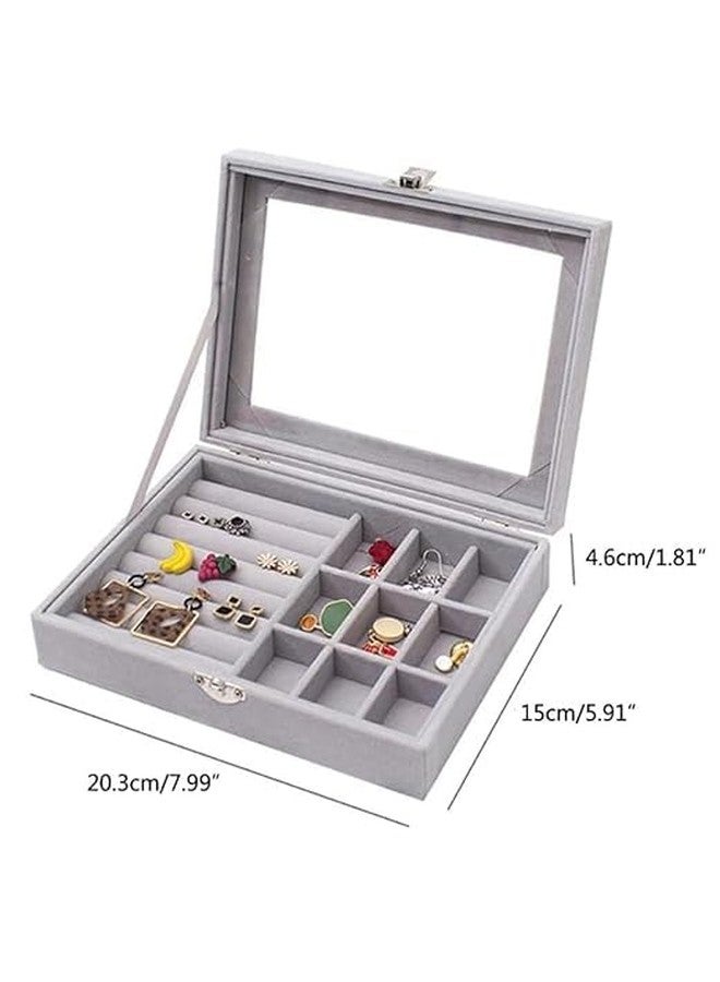 AESTROKE Jewellery Box Jewellery Organiser Box Velvet Clear Lid Jewelry Organizer, Ring Earring Bracelets Jewelry Storage Case, Portable Jewelry Box for Girls Women Grey - Image 4