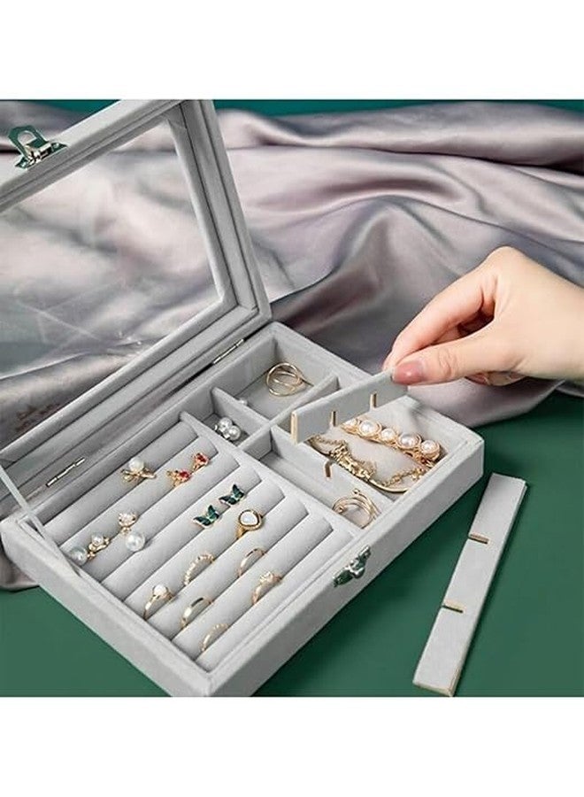 AESTROKE Jewellery Box Jewellery Organiser Box Velvet Clear Lid Jewelry Organizer, Ring Earring Bracelets Jewelry Storage Case, Portable Jewelry Box for Girls Women Grey - Image 2