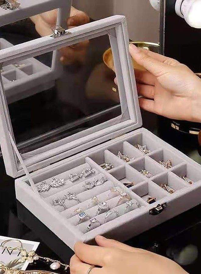AESTROKE Jewellery Box Jewellery Organiser Box Velvet Clear Lid Jewelry Organizer, Ring Earring Bracelets Jewelry Storage Case, Portable Jewelry Box for Girls Women Grey - Image 3
