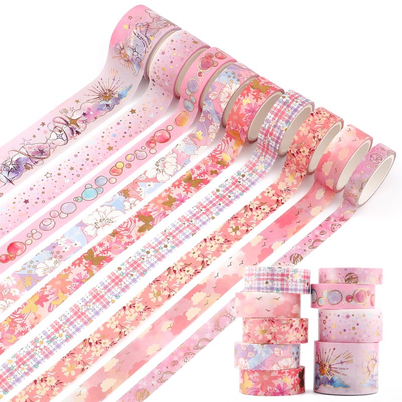 ARPOVIST 9 Rolls Gold Floral Washi Tape SetGold Foil Pink Floral Pattern Decorative TapeButterfly Star Decorative Masking Tapes for DIY Scrapbook Design Journaling Handbook Making Card Wrap Craft Gift - Image 3