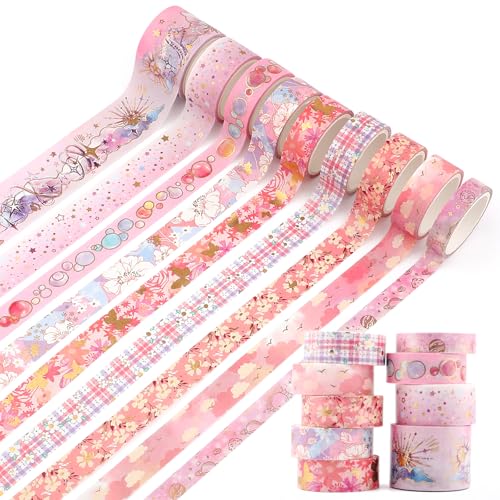 ARPOVIST 9 Rolls Gold Floral Washi Tape SetGold Foil Pink Floral Pattern Decorative TapeButterfly Star Decorative Masking Tapes for DIY Scrapbook Design Journaling Handbook Making Card Wrap Craft Gift - Image 1