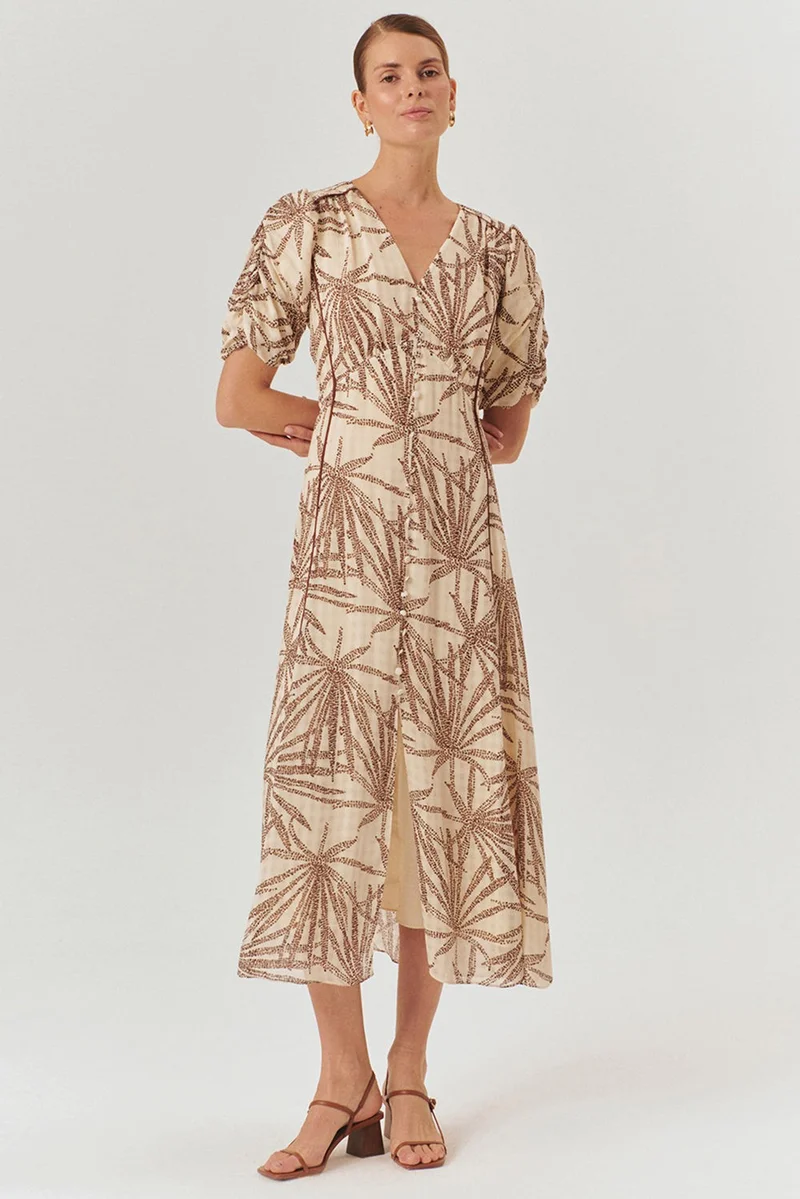 EXQUISE Patterned Balloon Sleeve V-Neck Buttoned Regular Midi Rayon Chiffon Dress