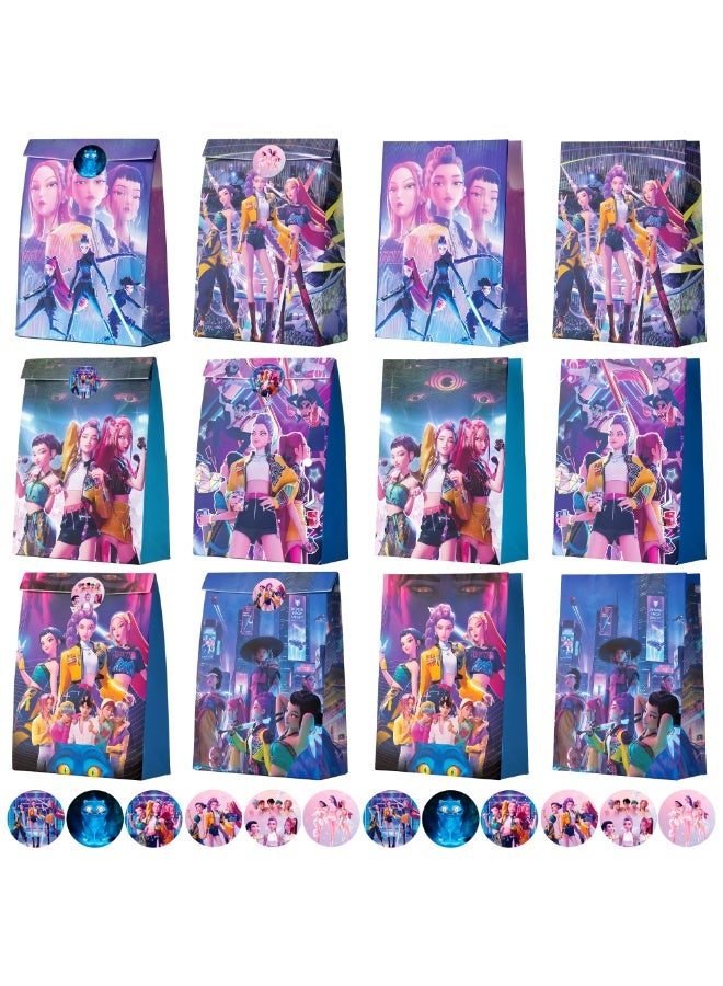FRUITFUL PARTY KPop Demon Hunters Candy Bags with Stickers – 12pcs Party Favor Bags + 12 Round Sealing Stickers, 6 Stylish Neon Designs for KPop Demon Hunters Birthday Party Supplies, Goodie Bags for Hunter/X Party Favors - Image 1