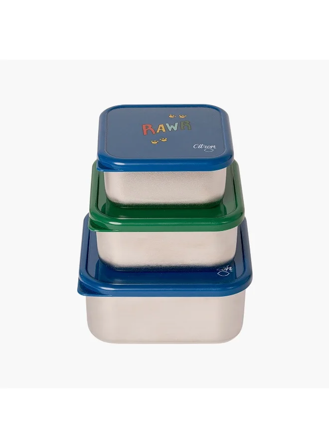 Citron Lunch Box-Set Of 3-1200Ml-Dino-Square (Stainless Steel) Blue \ 12X12X6.7
