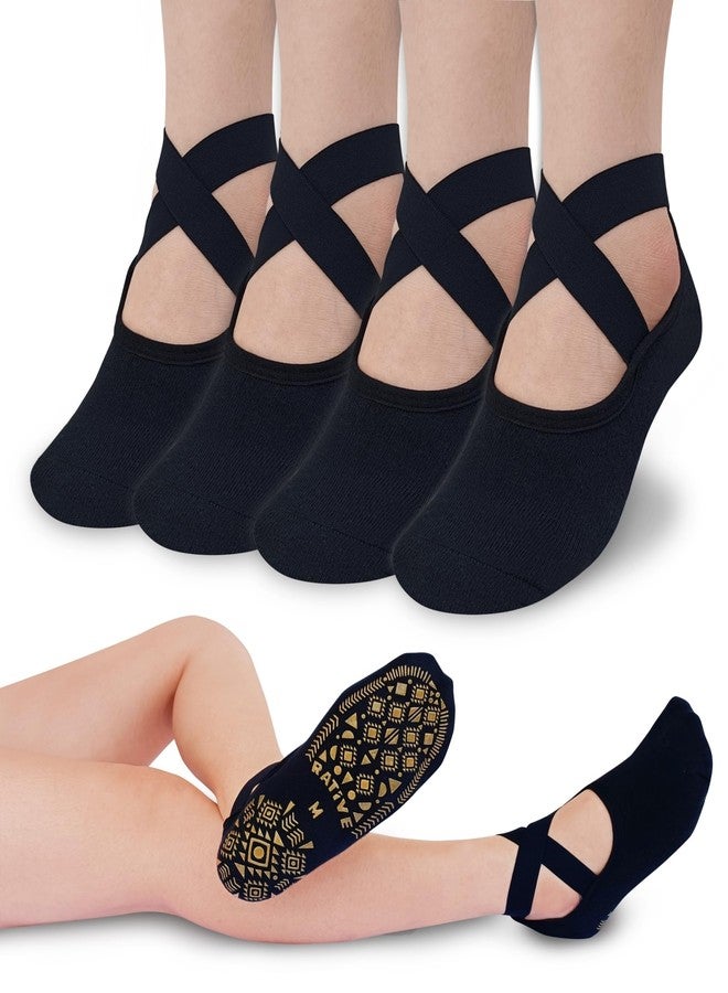 RATIVE X-Cross Anti Slip Non Skid Barre Yoga Pilates Hospital Socks with grips for Adults Men Women (Large, 4-pairs/Black) - Image 1