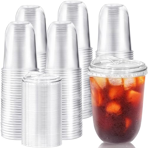 Alaeseje 100 Pack Clear Plastic Cups with Strawless Sip Lids,16 oz Iced Coffee Cups with Lids,Disposable PET Crystal Cups,Round Bottom To Go Cup for Iced Coffee Juice Smoothie Cold Beverage - Image 1