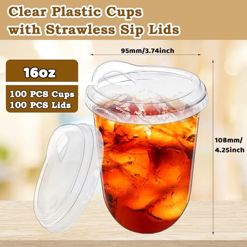 Alaeseje 100 Pack Clear Plastic Cups with Strawless Sip Lids,16 oz Iced Coffee Cups with Lids,Disposable PET Crystal Cups,Round Bottom To Go Cup for Iced Coffee Juice Smoothie Cold Beverage - Image 2