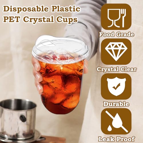 Alaeseje 100 Pack Clear Plastic Cups with Strawless Sip Lids,16 oz Iced Coffee Cups with Lids,Disposable PET Crystal Cups,Round Bottom To Go Cup for Iced Coffee Juice Smoothie Cold Beverage - Image 3