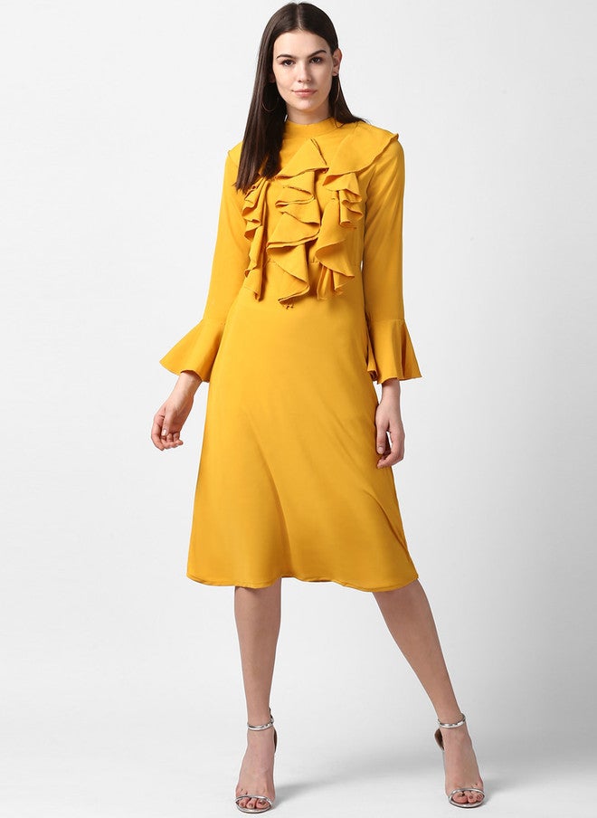 StyleStone Yellow Tie-Up Neck Crepe A-Line Front Ruffle Bell Sleeve Midi Dress - Image 1