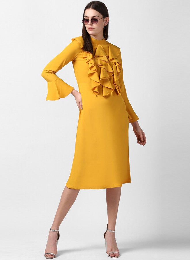 StyleStone Yellow Tie-Up Neck Crepe A-Line Front Ruffle Bell Sleeve Midi Dress - Image 5