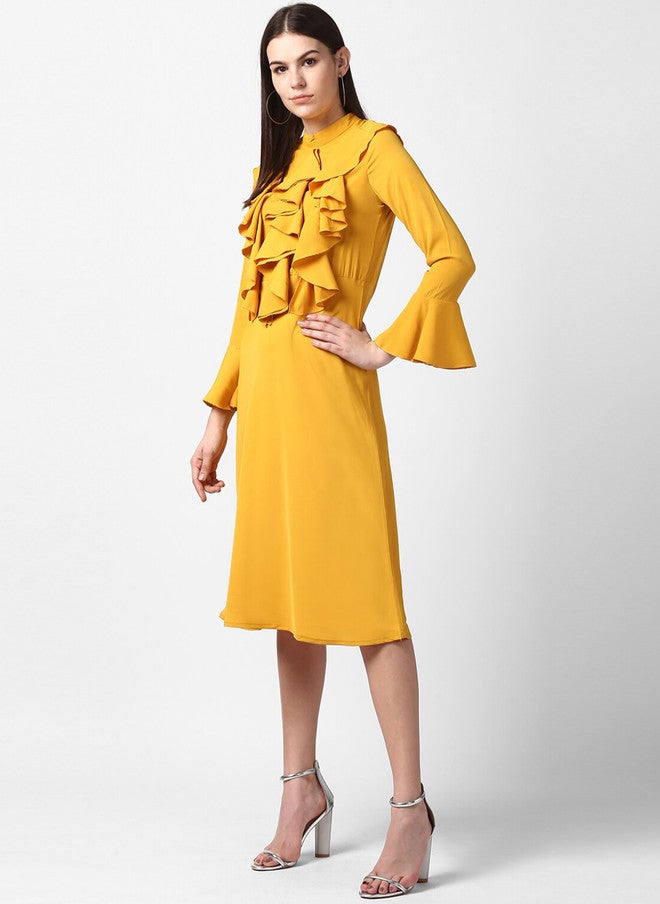 StyleStone Yellow Tie-Up Neck Crepe A-Line Front Ruffle Bell Sleeve Midi Dress - Image 3
