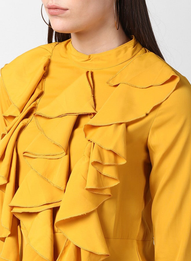 StyleStone Yellow Tie-Up Neck Crepe A-Line Front Ruffle Bell Sleeve Midi Dress - Image 2