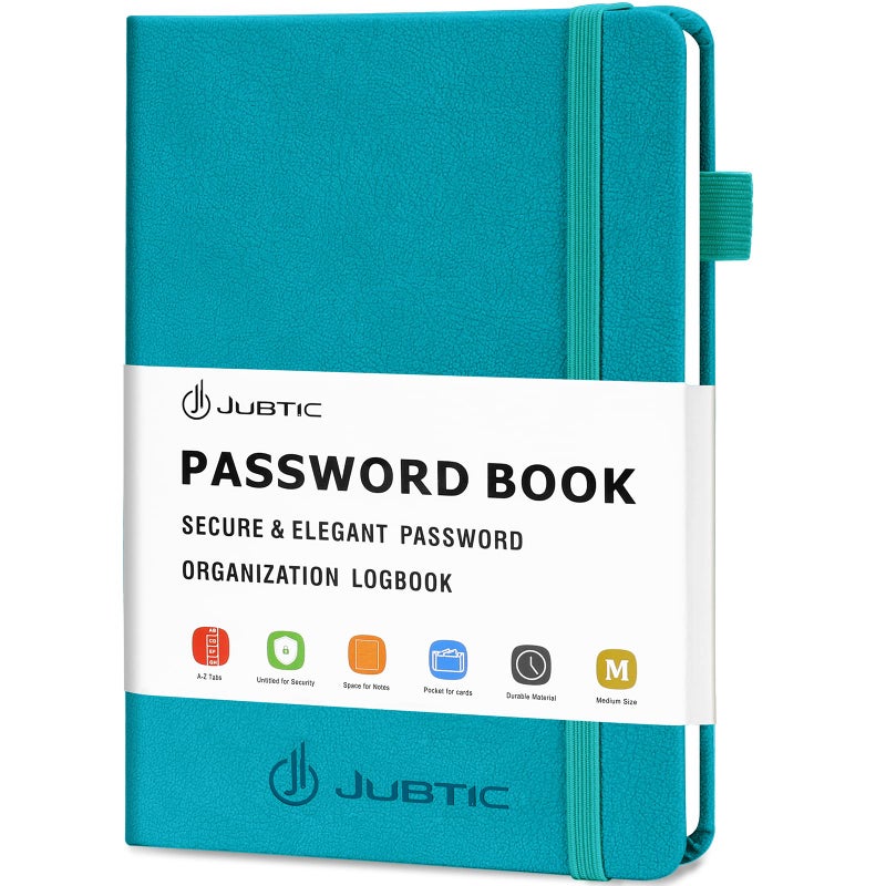 JUBTIC Password Book with Alphabetical Tabs. Medium Size Password Keeper Logbook for Internet Log in, Website Address. Hardcover Password Journal Notebook & Organizer for Home Office, Turquoise - Image 1