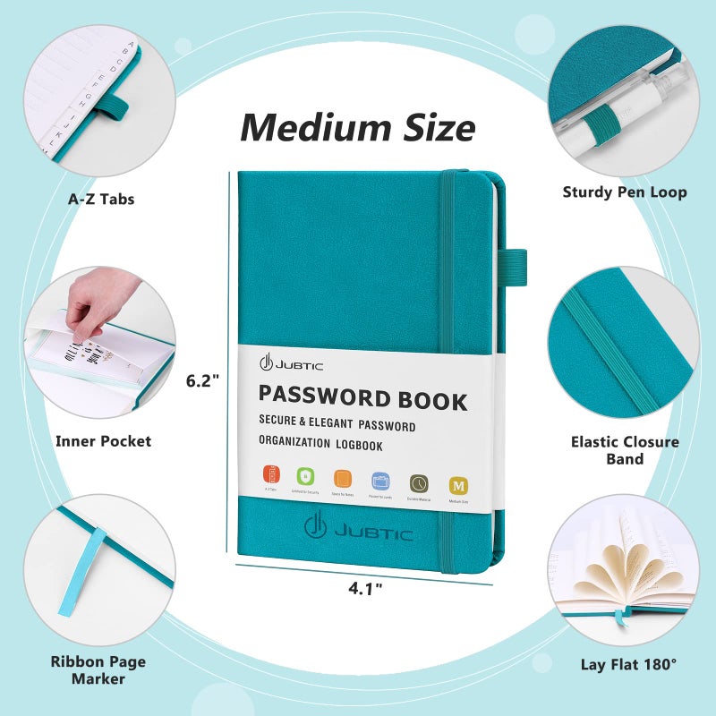 JUBTIC Password Book with Alphabetical Tabs. Medium Size Password Keeper Logbook for Internet Log in, Website Address. Hardcover Password Journal Notebook & Organizer for Home Office, Turquoise - Image 3