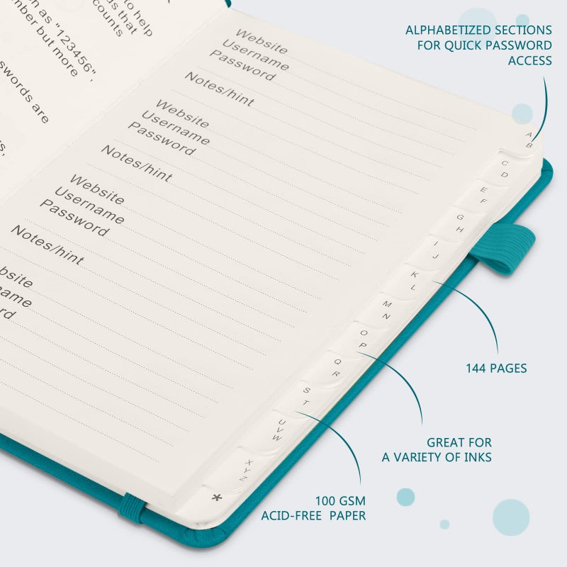 JUBTIC Password Book with Alphabetical Tabs. Medium Size Password Keeper Logbook for Internet Log in, Website Address. Hardcover Password Journal Notebook & Organizer for Home Office, Turquoise - Image 4