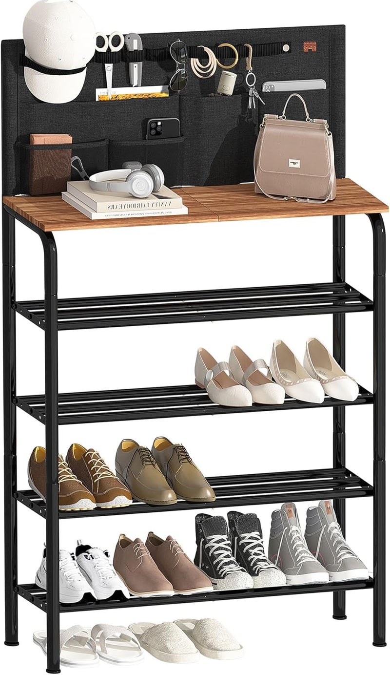 STORAGE MANIAC 5 Tier Shoe Rack for Entryway, Metal Shoe Shelf with Storage Pocket and MDF Top Board, 16-20 Pairs Free Standing Shoes Organizer for Closet, Black - Image 1