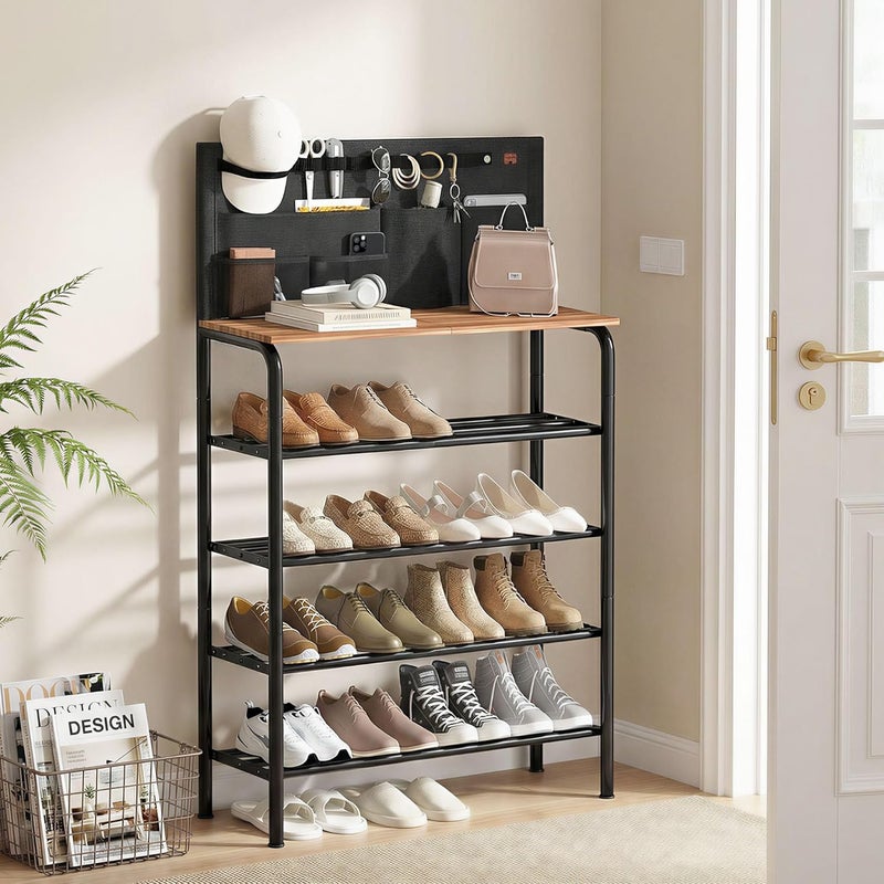 STORAGE MANIAC 5 Tier Shoe Rack for Entryway, Metal Shoe Shelf with Storage Pocket and MDF Top Board, 16-20 Pairs Free Standing Shoes Organizer for Closet, Black - Image 2