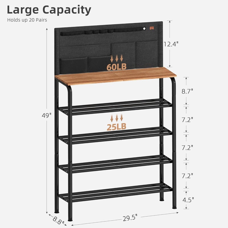 STORAGE MANIAC 5 Tier Shoe Rack for Entryway, Metal Shoe Shelf with Storage Pocket and MDF Top Board, 16-20 Pairs Free Standing Shoes Organizer for Closet, Black - Image 3