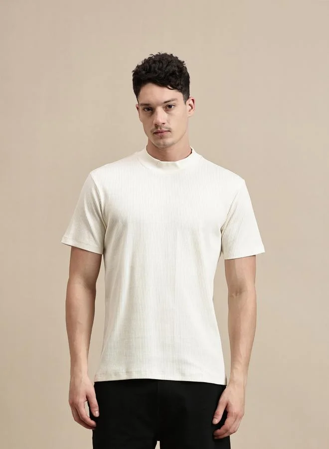 ECOLORE Men Off White Ribbed High Neck T-Shirt
