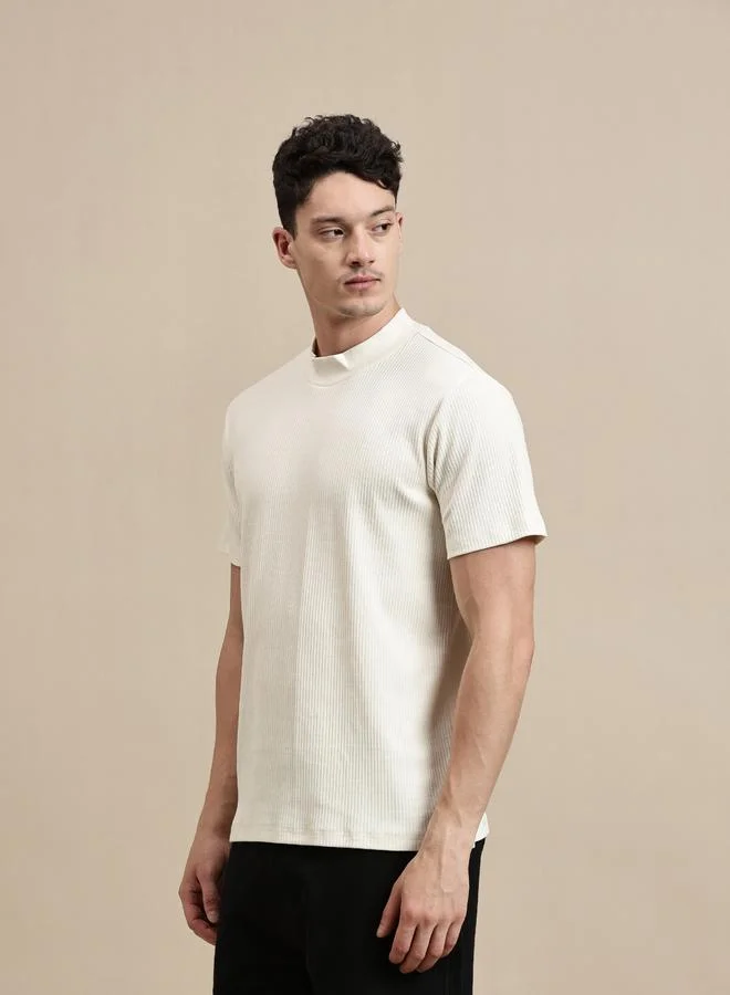 ECOLORE Men Off White Ribbed High Neck T-Shirt