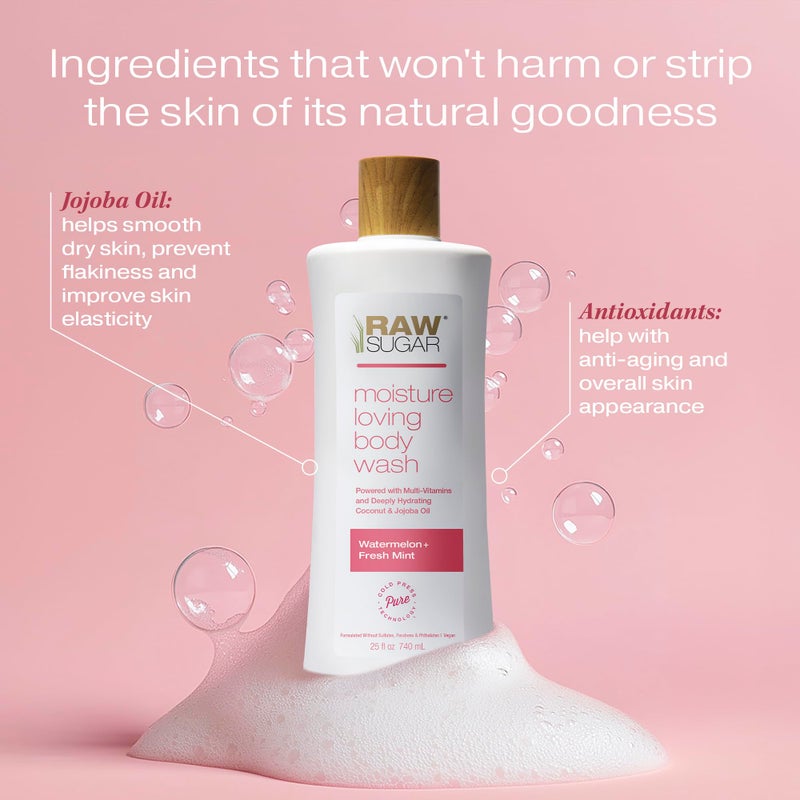 RAW SUGAR Simply Body Wash, (25 Fl Oz, Pack of 1) Bath Soap, Formulated without Sulfates & Parabens (Watermelon + Fresh Mint) - Image 3
