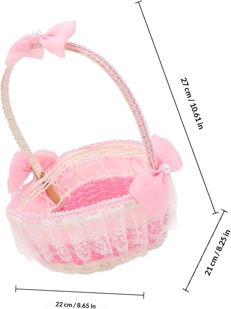 Heart-shaped Pink Wedding Flower Basket Handmade Woven Lace Basket for Flower Girl 17x21cm Single Piece Ceremony Supplies - Image 2