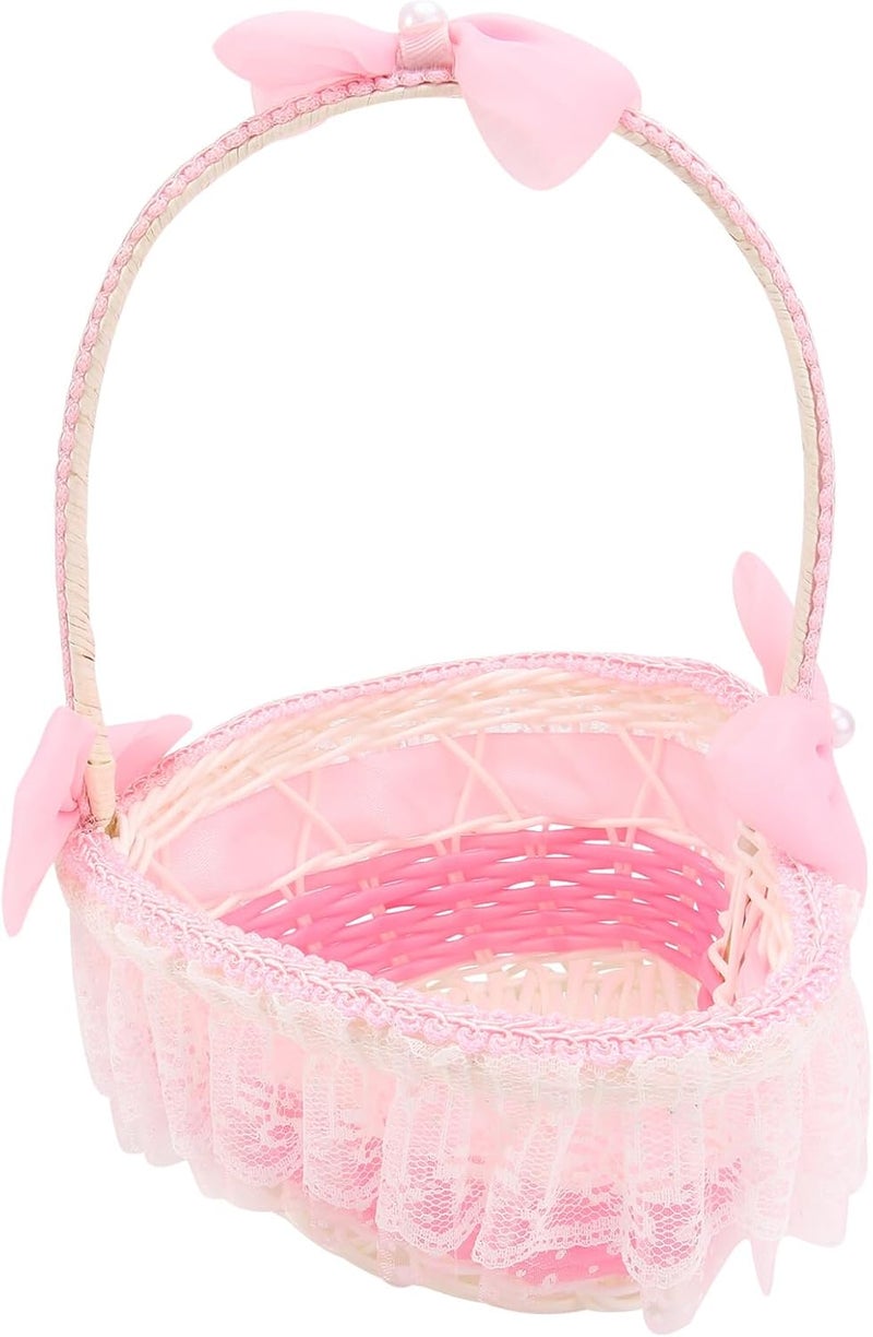 Heart-shaped Pink Wedding Flower Basket Handmade Woven Lace Basket for Flower Girl 17x21cm Single Piece Ceremony Supplies - Image 1