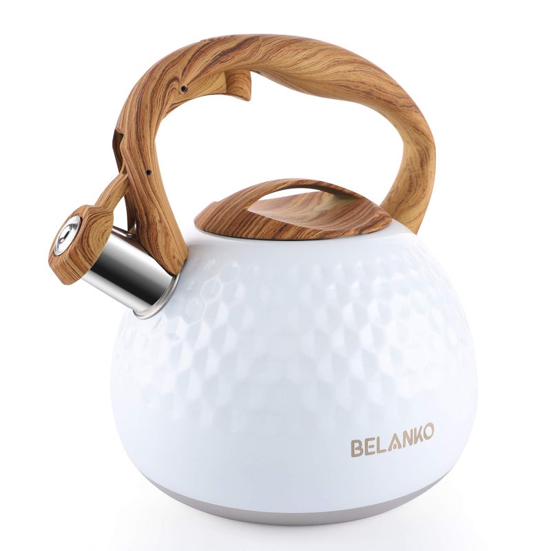 BELANKO BELANKO 27 Quart Tea Kettle for Stovetop  Food Grade Stainless Steel with Diamond Texture Designer Teapot Look CoolTouch Wood Pattern Handle Whistling Spout  Gloss White