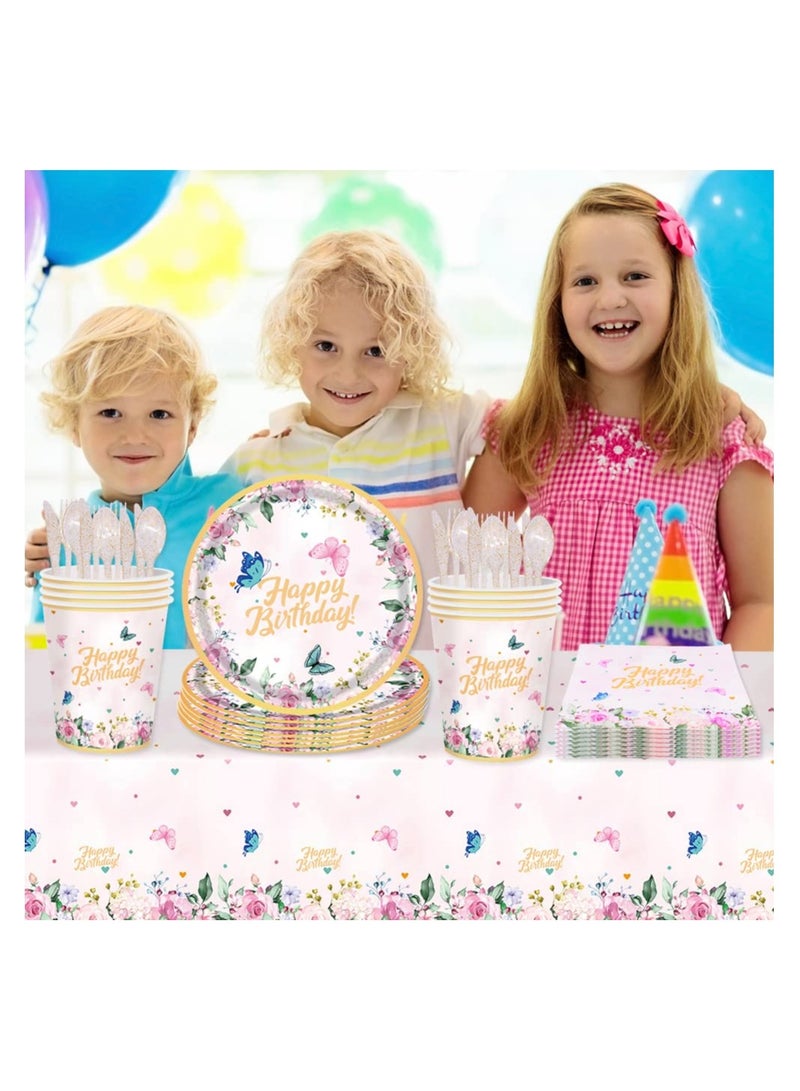 71-Piece Butterfly Themed Party Supplies Set - Includes Tableware, Plates, and Tablecloth for Birthday Celebrations and Baby Showers - Perfect Butterfly Party Decorations - Image 2
