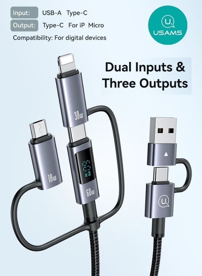 Usams 60W 6‑in‑1 Digital Display Fast Charging & Data Cable – Dual Inputs, USB-C to USB-C 60W + USB‑C to Lightning 30W + USB‑C to Micro + USB‑A Outputs, 1.2 m/2 m PVC Braided Cable, Real‑Time Power Display - Image 1