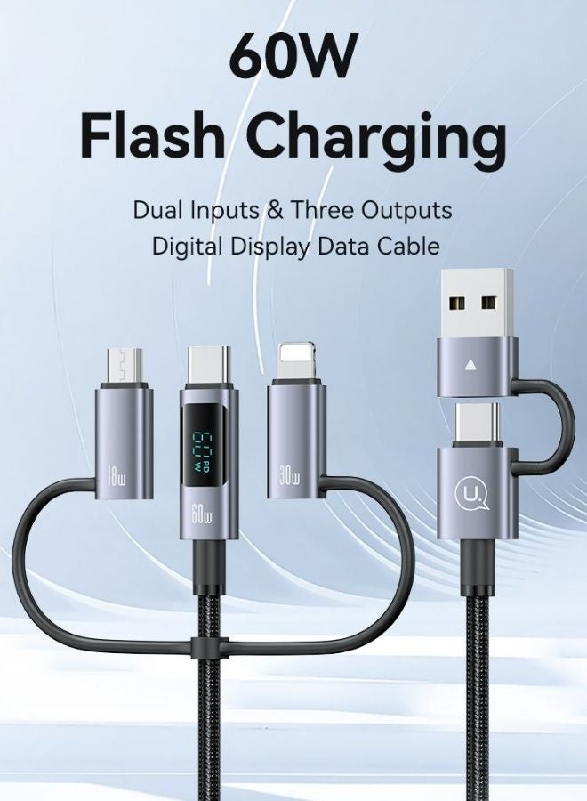 Usams 60W 6‑in‑1 Digital Display Fast Charging & Data Cable – Dual Inputs, USB-C to USB-C 60W + USB‑C to Lightning 30W + USB‑C to Micro + USB‑A Outputs, 1.2 m/2 m PVC Braided Cable, Real‑Time Power Display - Image 2