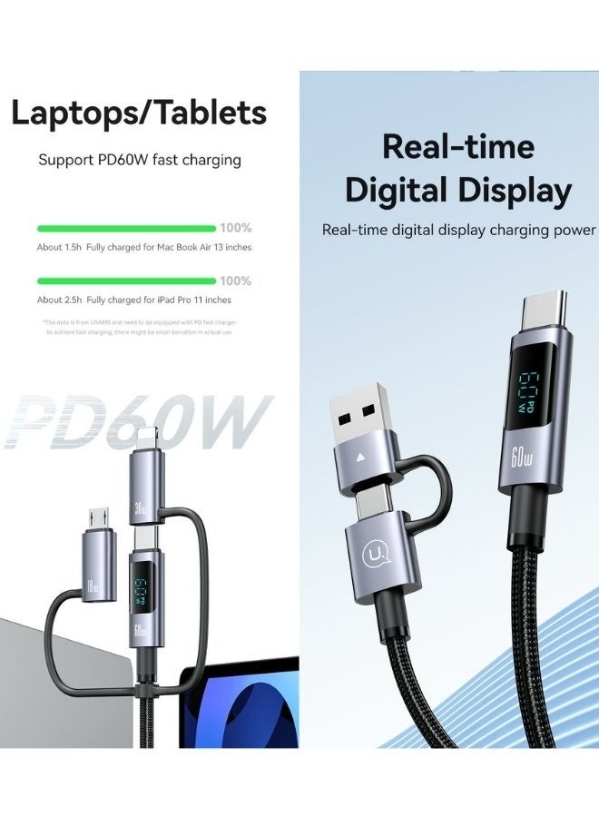 Usams 60W 6‑in‑1 Digital Display Fast Charging & Data Cable – Dual Inputs, USB-C to USB-C 60W + USB‑C to Lightning 30W + USB‑C to Micro + USB‑A Outputs, 1.2 m/2 m PVC Braided Cable, Real‑Time Power Display - Image 3
