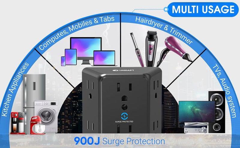 Unidapt Multi Plug 6 Outlet Extender, Unidapt Black Surge Protector Wall Splitter, 900J Power Strip 3 Side Wide Spaced Adapter Multiple Charger Expander, Mountable Wall Tap for Office Home Travel ETL Listed - Image 5