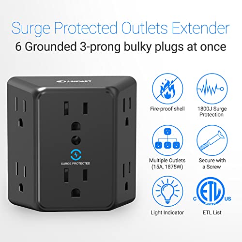 Unidapt Multi Plug 6 Outlet Extender, Unidapt Black Surge Protector Wall Splitter, 900J Power Strip 3 Side Wide Spaced Adapter Multiple Charger Expander, Mountable Wall Tap for Office Home Travel ETL Listed - Image 2