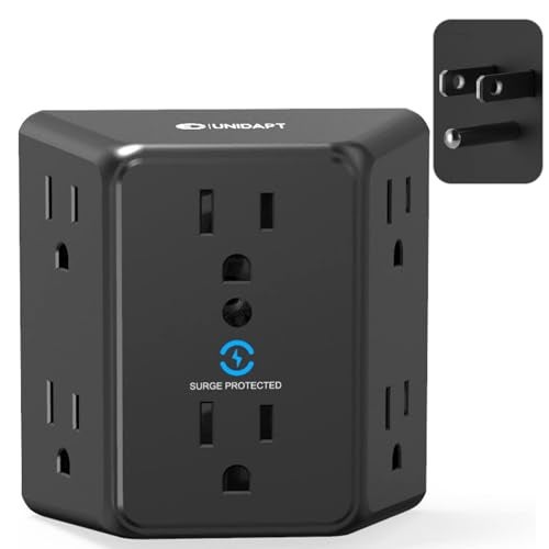 Unidapt Multi Plug 6 Outlet Extender, Unidapt Black Surge Protector Wall Splitter, 900J Power Strip 3 Side Wide Spaced Adapter Multiple Charger Expander, Mountable Wall Tap for Office Home Travel ETL Listed - Image 1