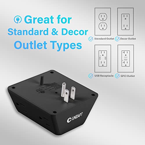 Unidapt Multi Plug 6 Outlet Extender, Unidapt Black Surge Protector Wall Splitter, 900J Power Strip 3 Side Wide Spaced Adapter Multiple Charger Expander, Mountable Wall Tap for Office Home Travel ETL Listed - Image 4