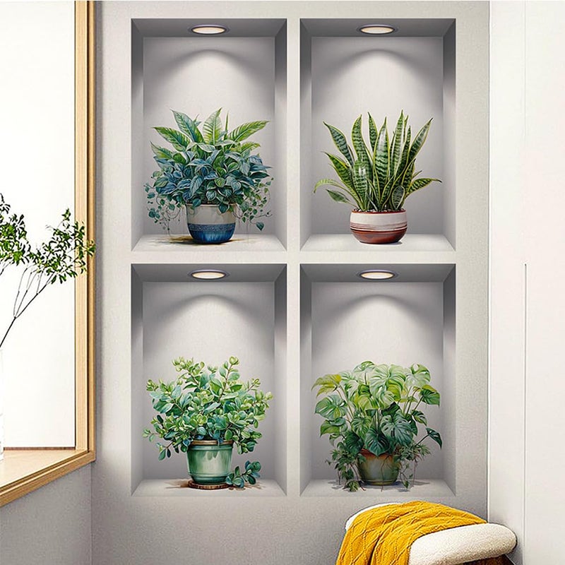 Amtoodopin 3D Green Plant Wall Decals Potted Plant Wall Stickers Green Leaf Murals DIY Removable Vinyl Wall Art for Living Room