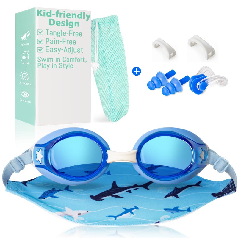 Pixel Panda Kids Swim Goggles with Fabric Strap for 3-14, No Hair Pulling, Swim Goggles for Boy & Girls, Easy to Put on, Ideal for Swim Class, Blue - Image 1