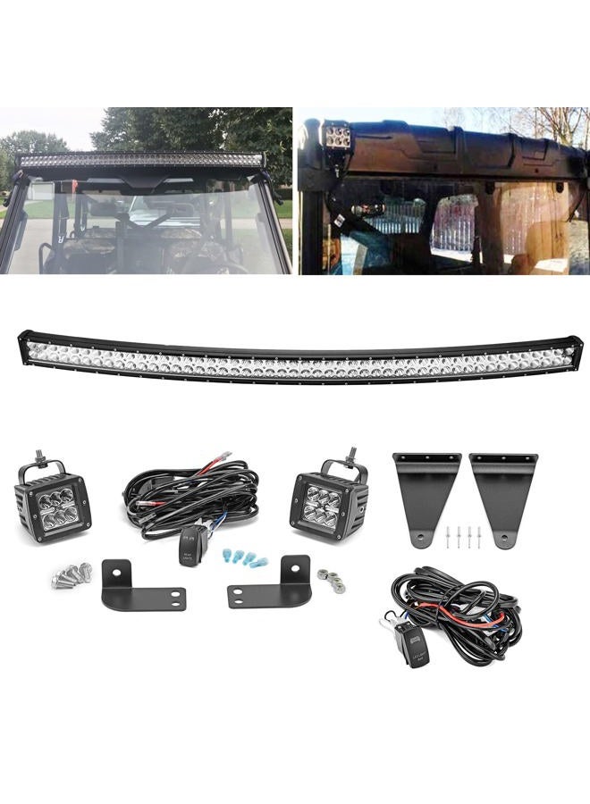WSays Compatible with Polaris Ranger 570/900/1000 Full Size Upper Roof Pro-fit Cage 50'' 288W LED Curved Light Bar Mount Bracket Kit & Rear Side Pillar 2x3'' 18W Light Pods Mount Bracket w/Wiring Kit - Image 1